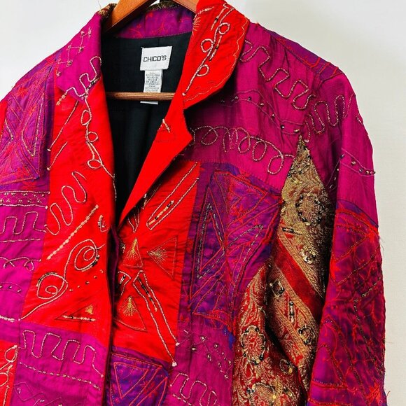 Chico's Patchwork Jacket Size 1 Silk Blend Boho Embroidered Button Front Lined - Picture 3 of 14